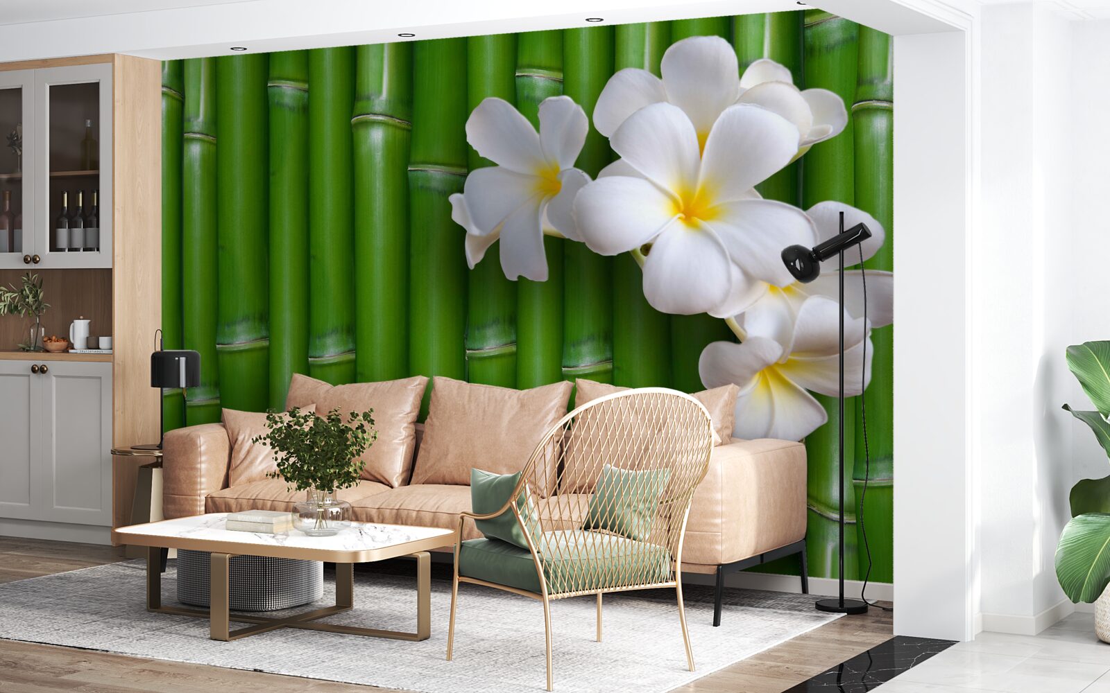 Fototapeta svetlé kvety na vysokom zelenom bambuse