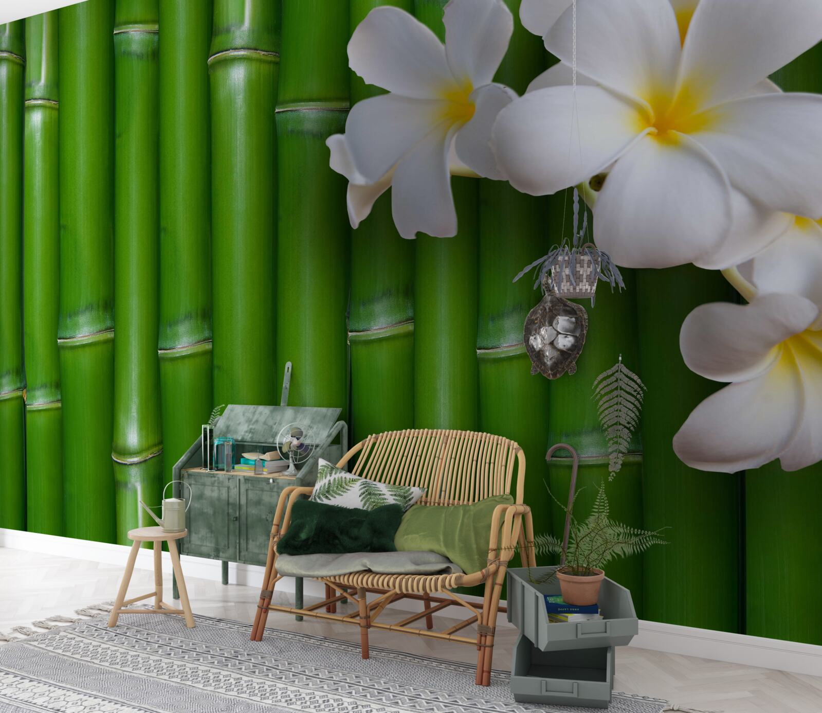 Fototapeta svetlé kvety na vysokom zelenom bambuse