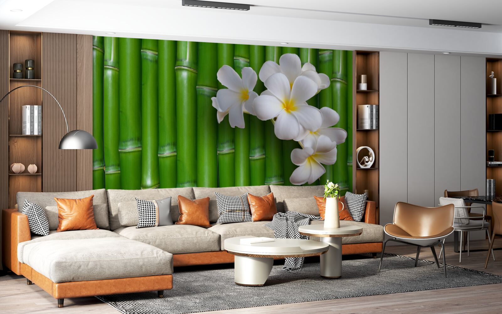 Fototapeta svetlé kvety na vysokom zelenom bambuse