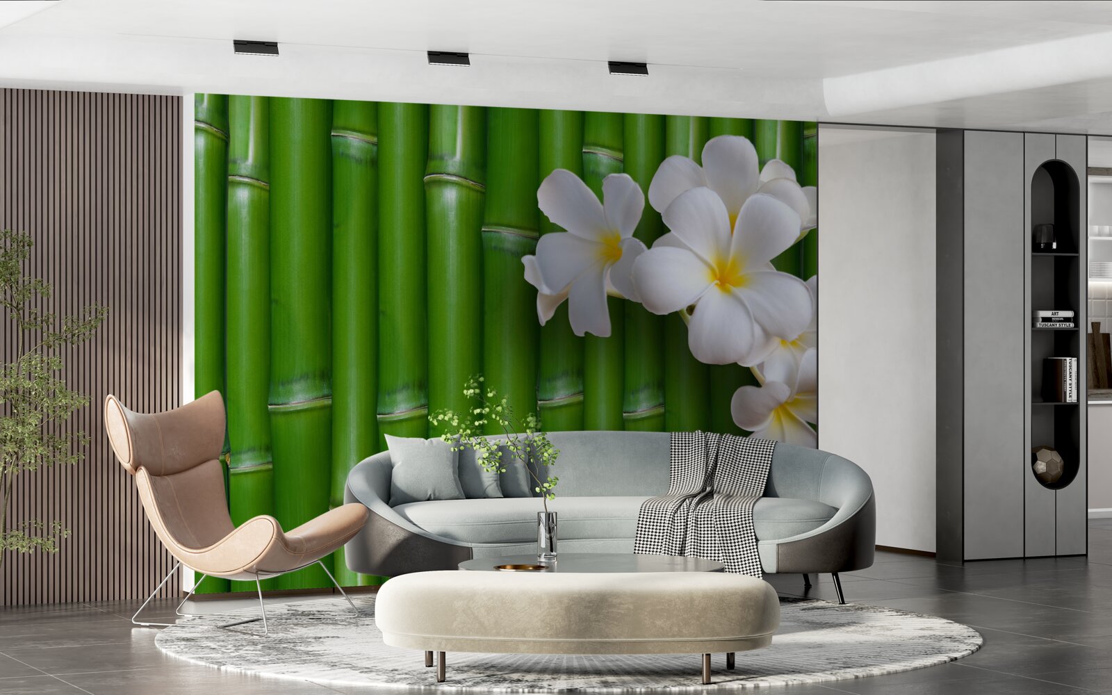 Fototapeta svetlé kvety na vysokom zelenom bambuse