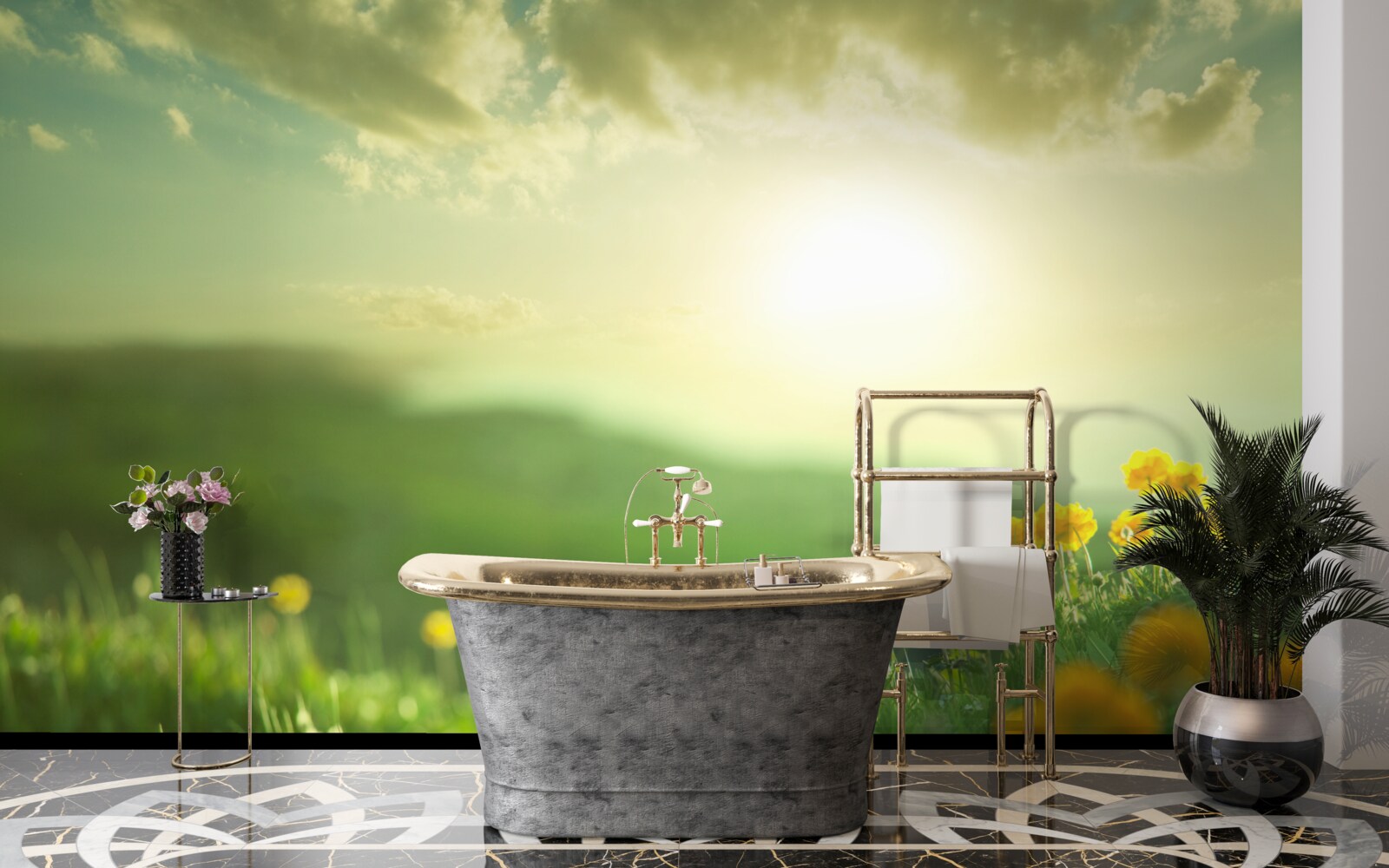 Fototapeta na lúke zlaté púpavy hľadia na východ slnka