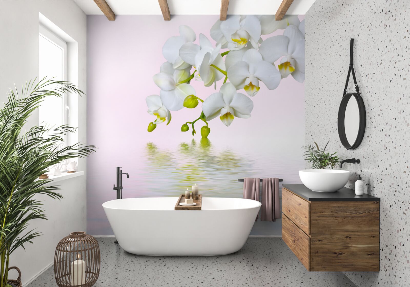 Fototapeta biela orchidea s rozkvitnutými kvetmi a púčikmi pri vode