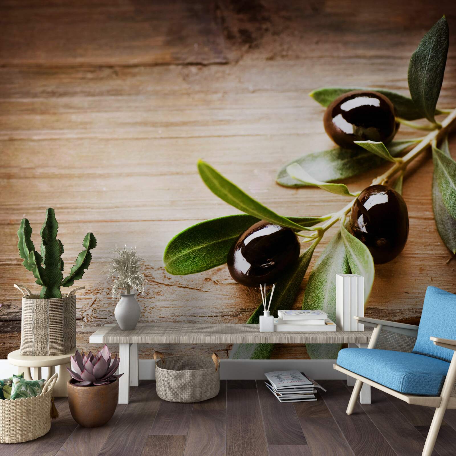 Fototapeta konáre sú ozdobené olivovým olejom a zelenými listami