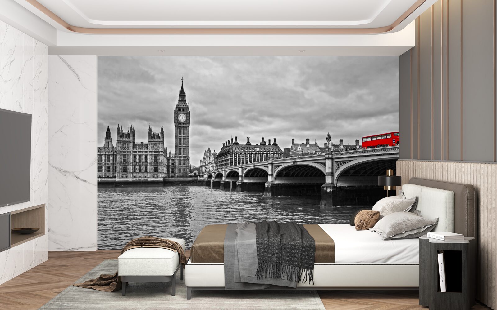 Fototapeta červený autobus ide na cez most v Anglicku