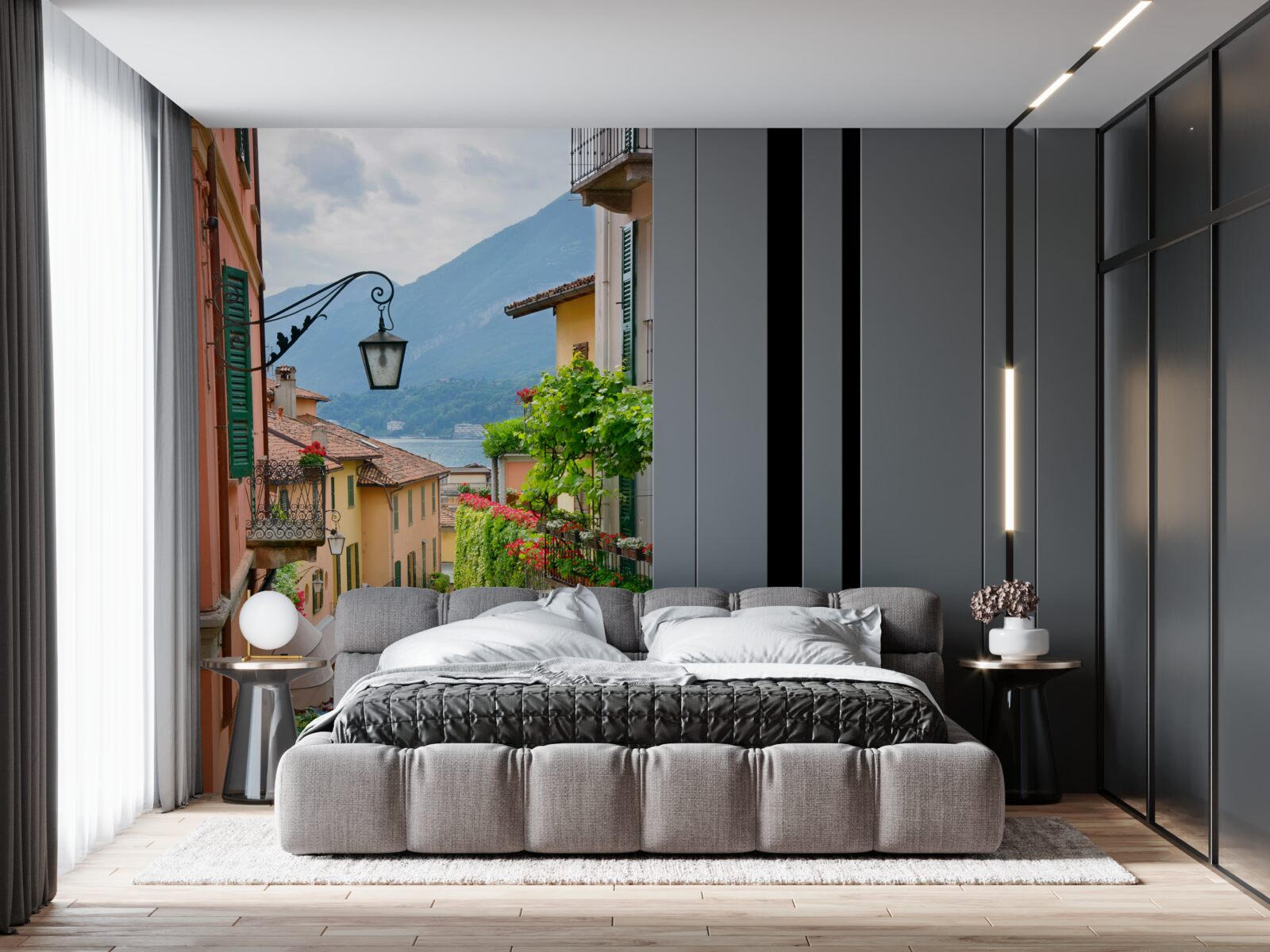 Fototapeta ulica vedúca k moru, zdobená kvetmi a zelenou