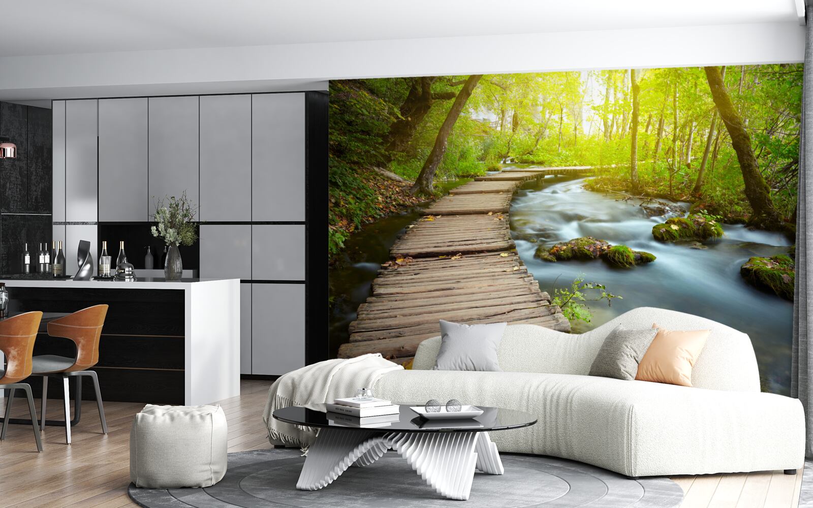 Fototapeta drevená cesta pri rieke v slnečnom lese