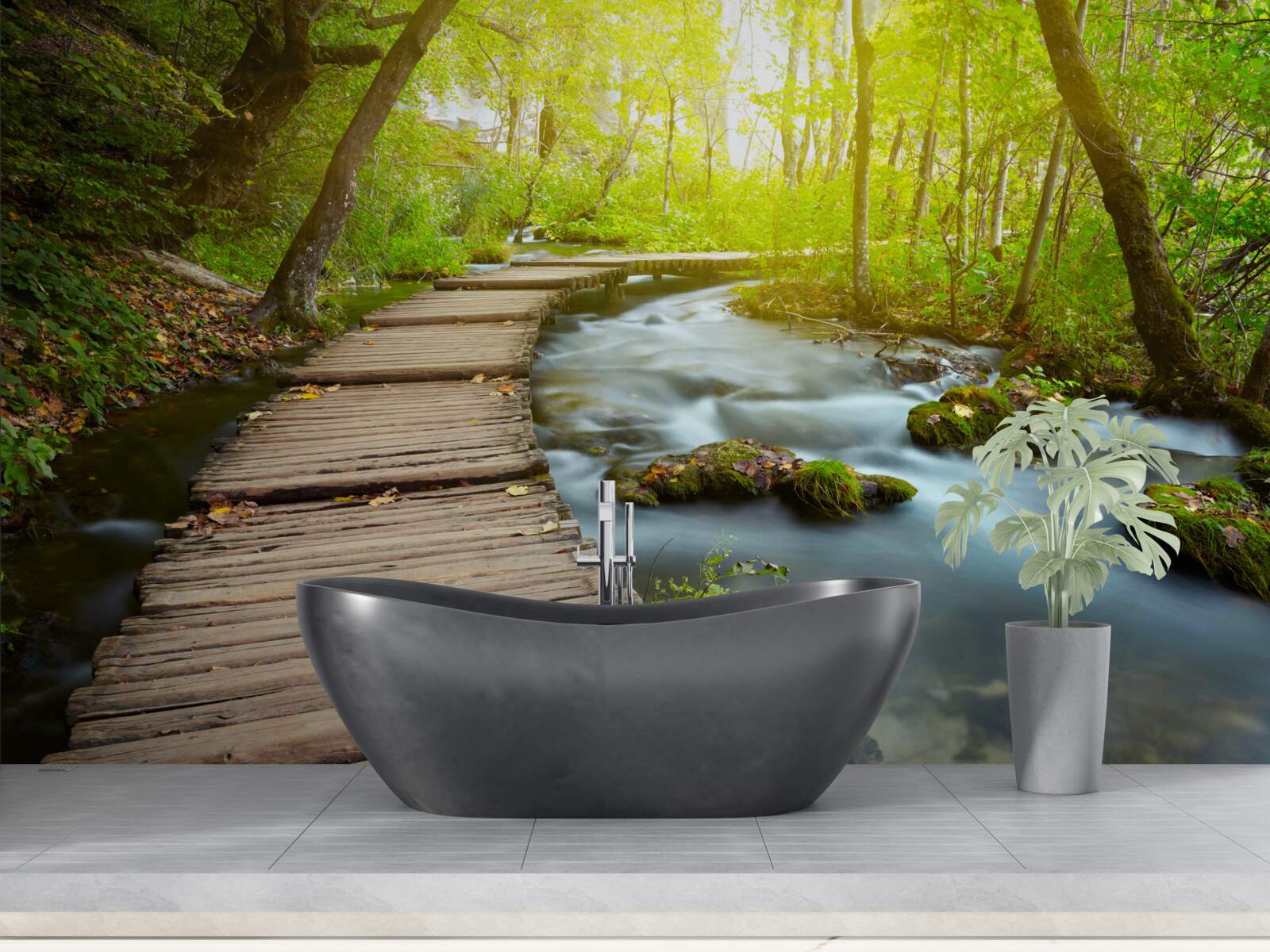 Fototapeta drevená cesta pri rieke v slnečnom lese