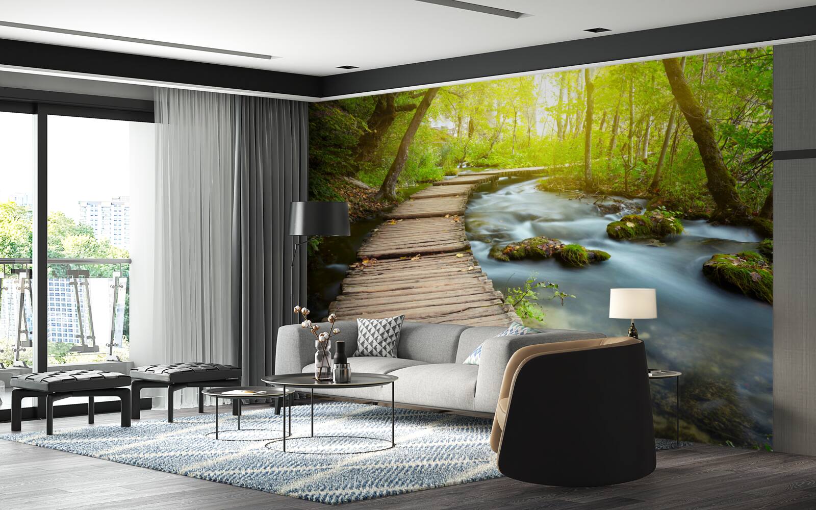 Fototapeta drevená cesta pri rieke v slnečnom lese