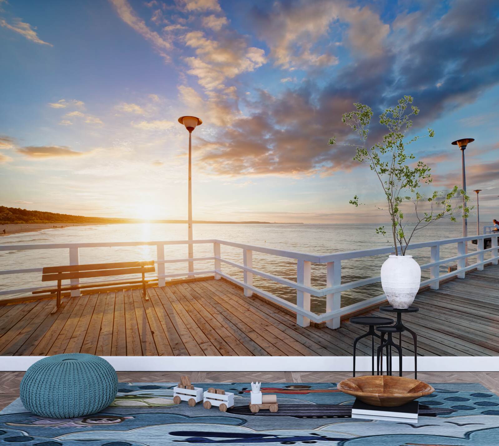 Fototapeta opustené drevené mólo vidí slnko pri západe slnka