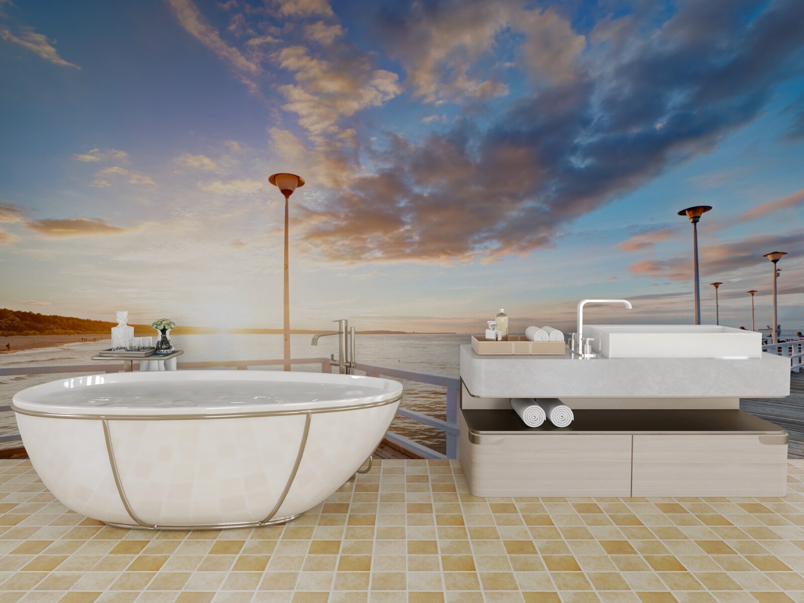 Fototapeta opustené drevené mólo vidí slnko pri západe slnka