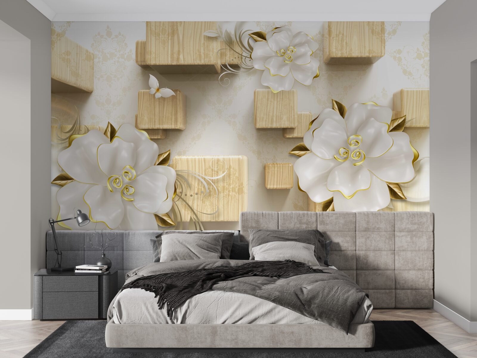 Fototapeta zlaté akcenty na bielych dekoračných vankúšoch na drevených prikrývkach