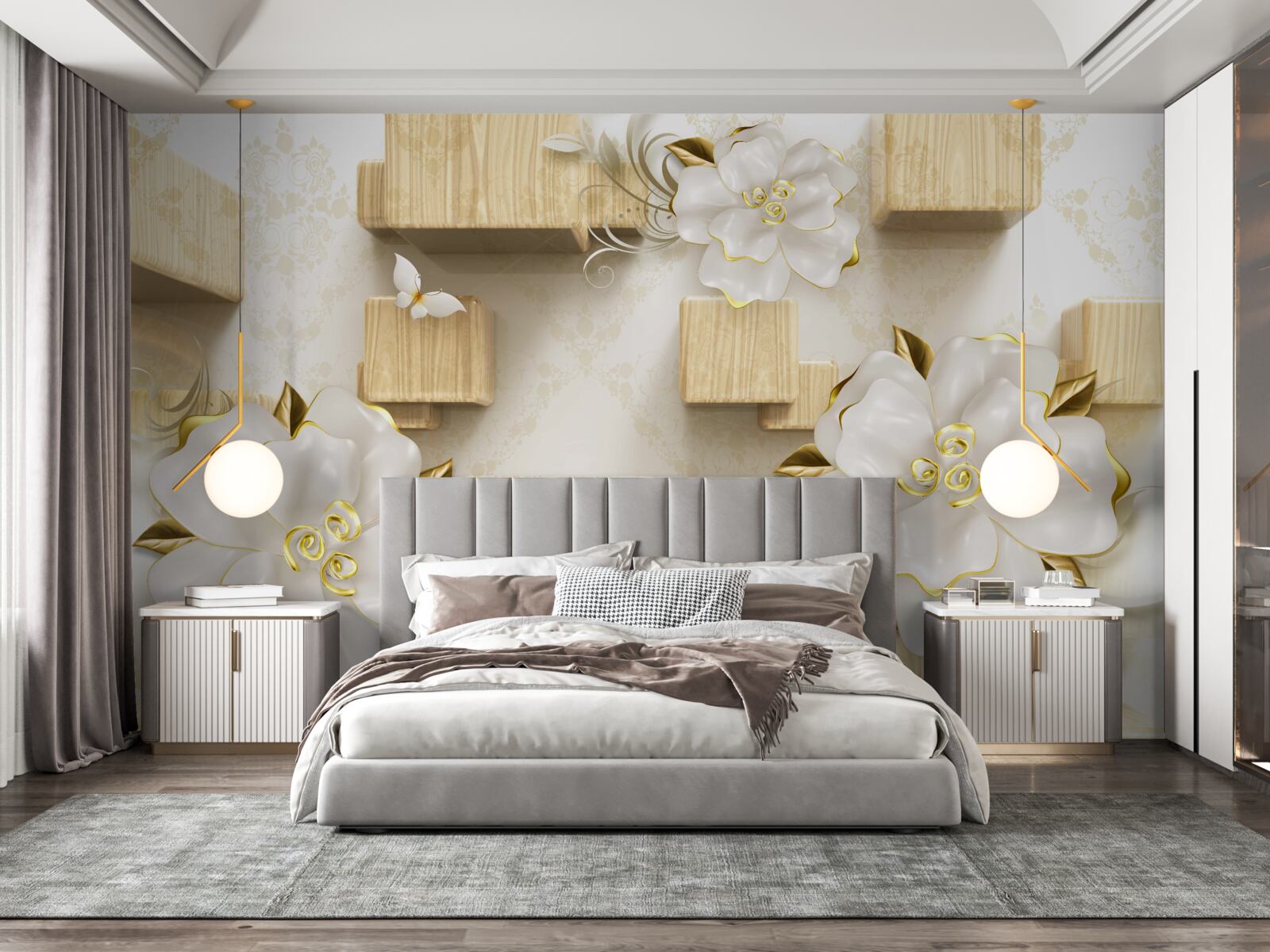 Fototapeta zlaté akcenty na bielych dekoračných vankúšoch na drevených prikrývkach