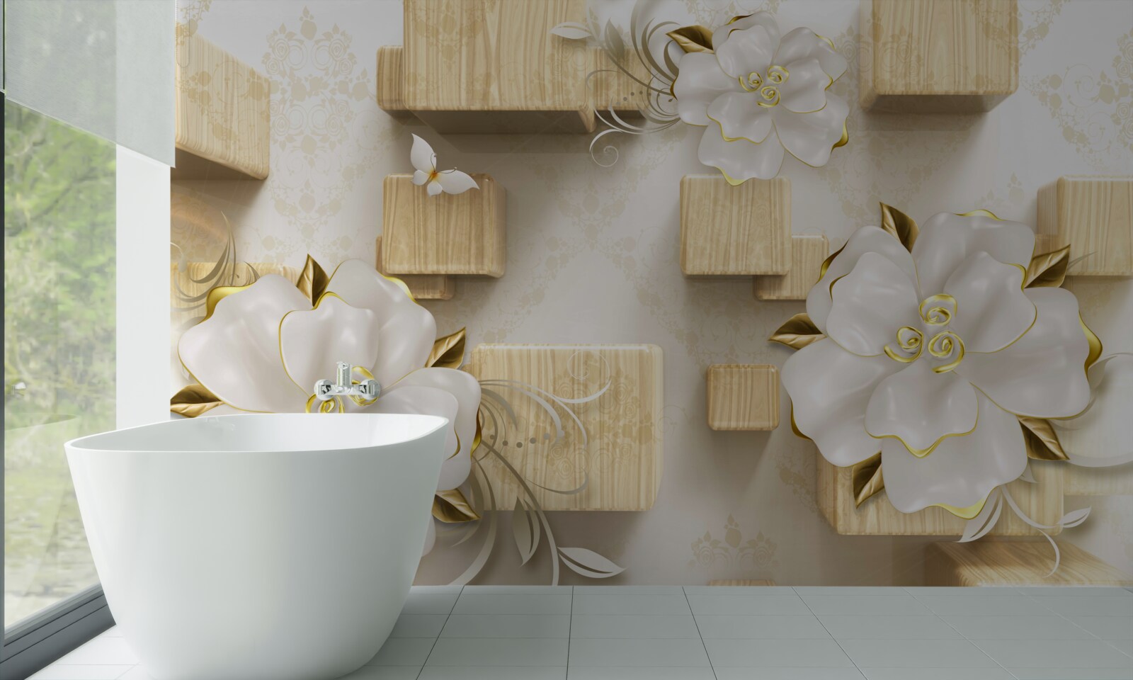 Fototapeta zlaté akcenty na bielych dekoračných vankúšoch na drevených prikrývkach