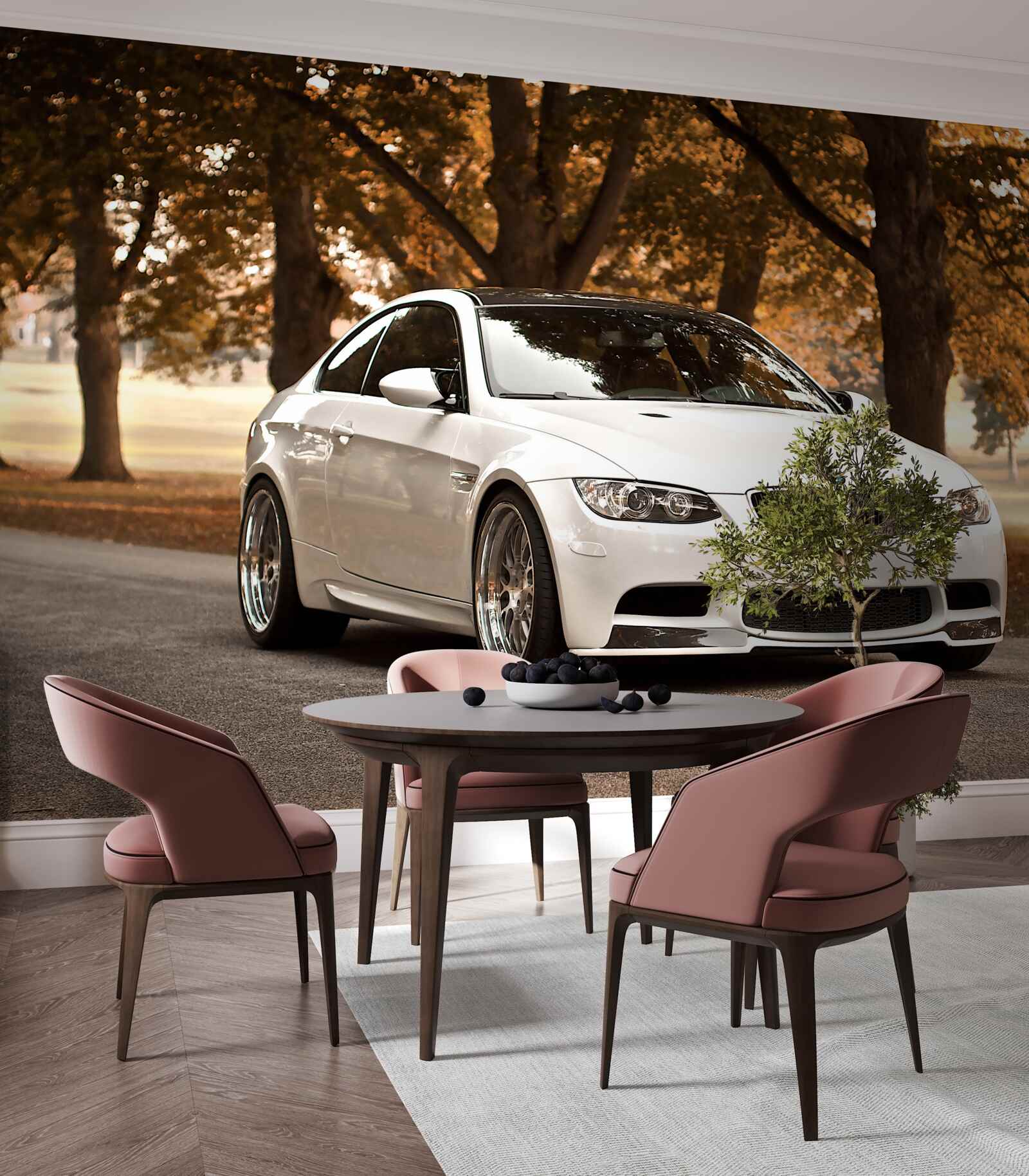 Fototapeta biele BMW na jesennú jazdu