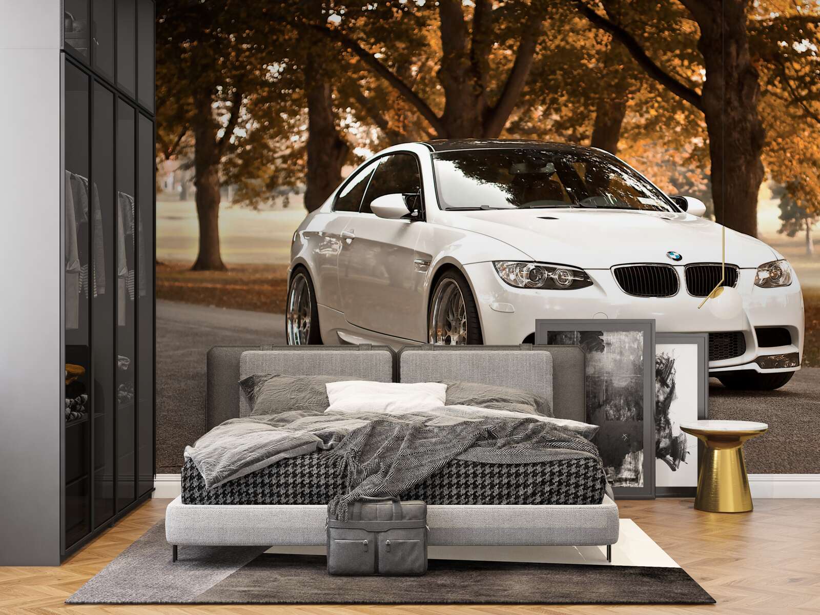 Fototapeta biele BMW na jesennú jazdu