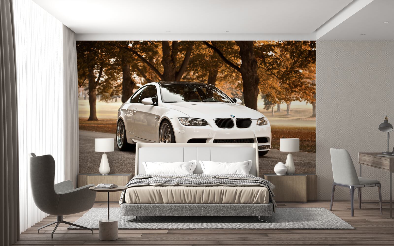 Fototapeta biele BMW na jesennú jazdu