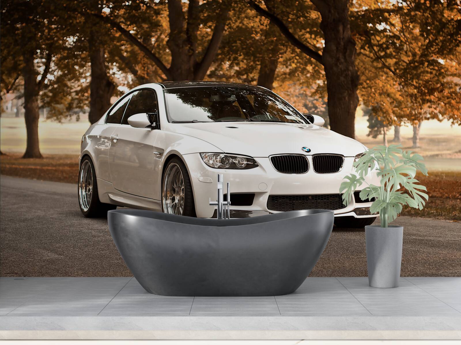 Fototapeta biele BMW na jesennú jazdu