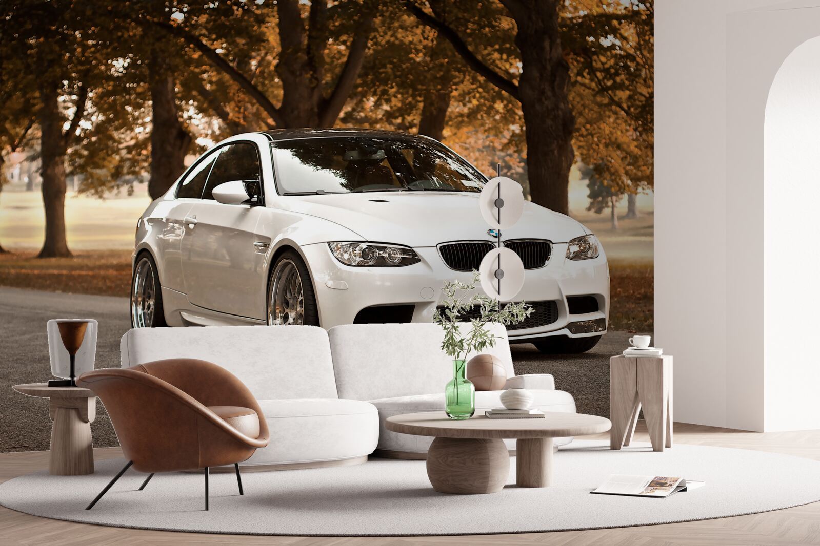 Fototapeta biele BMW na jesennú jazdu