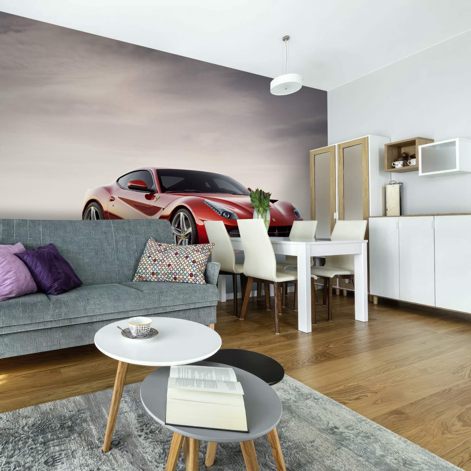 Fototapeta on sivom zadí je zobrazené červené športové auto