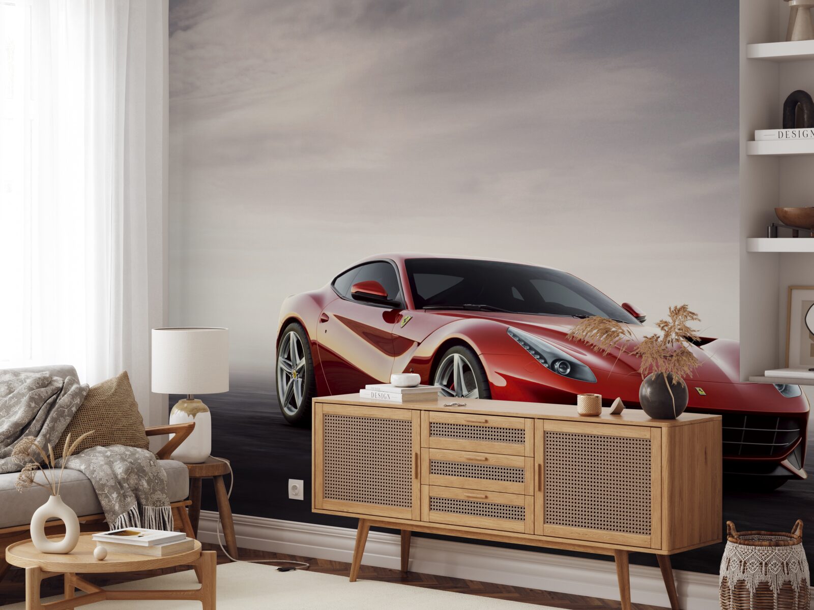 Fototapeta on sivom zadí je zobrazené červené športové auto