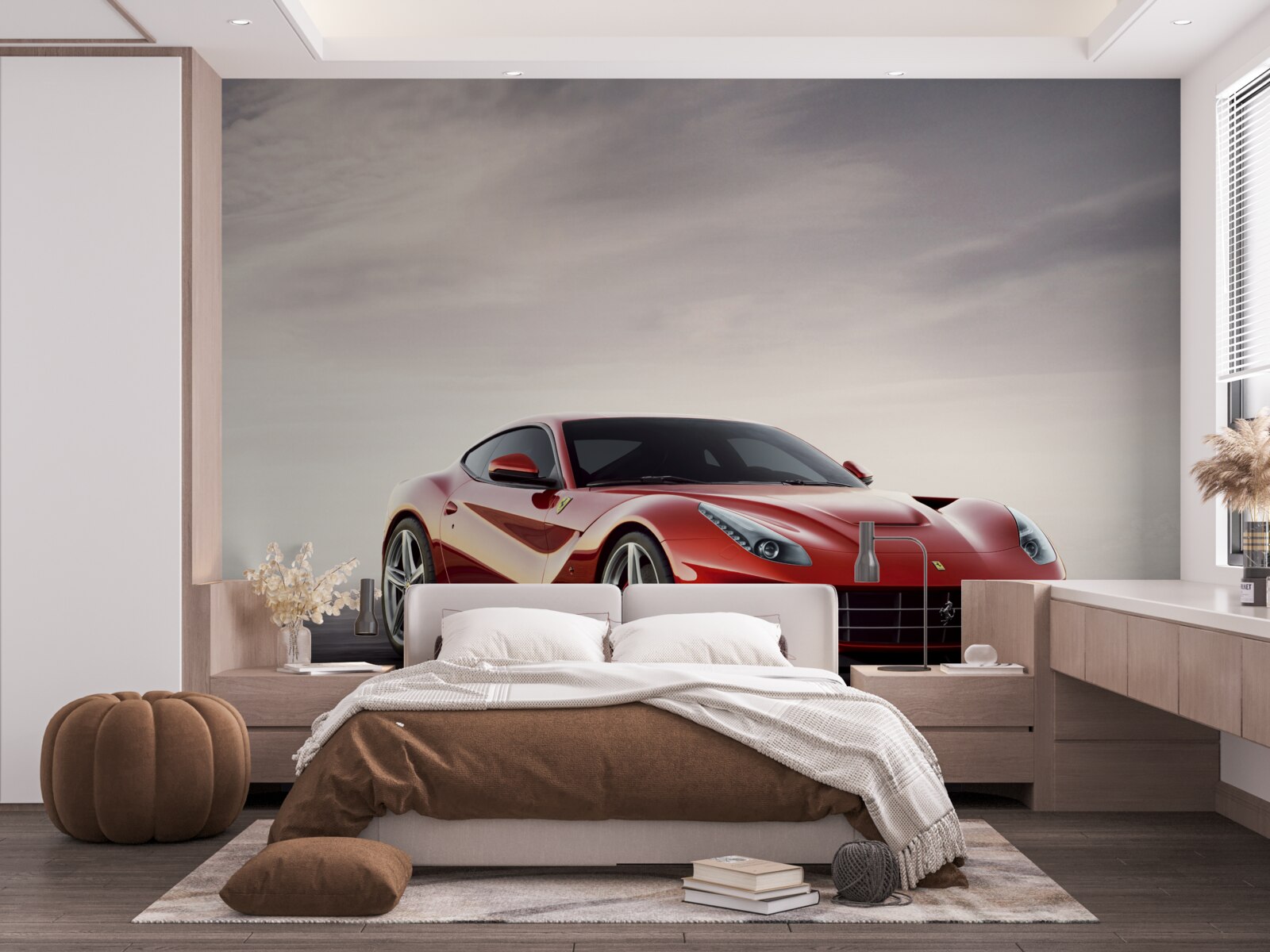 Fototapeta on sivom zadí je zobrazené červené športové auto