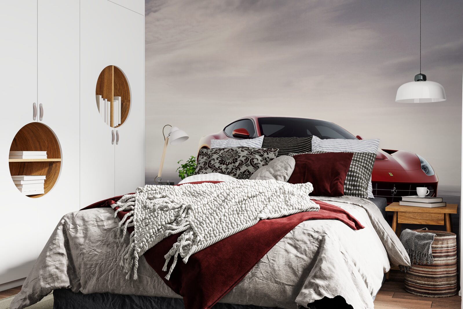 Fototapeta on sivom zadí je zobrazené červené športové auto