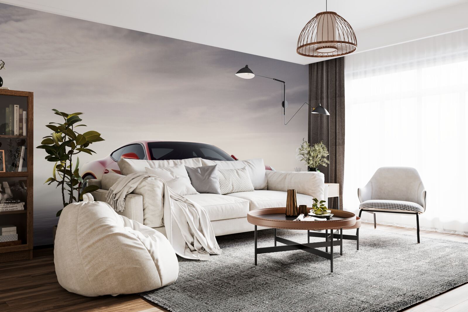 Fototapeta on sivom zadí je zobrazené červené športové auto