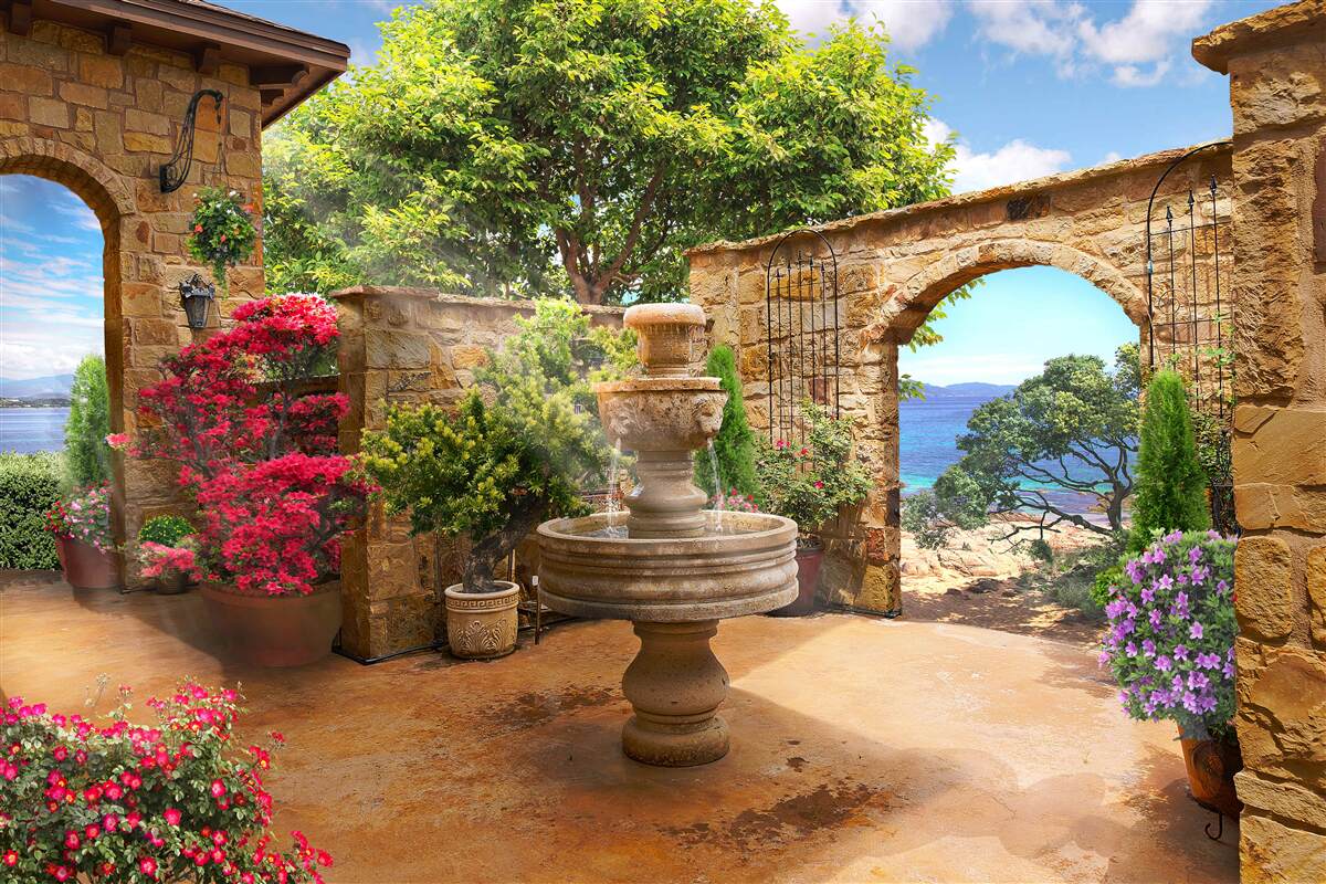 Fototapeta tichý a zelený dvor s fontánami a kvetinovými záhonmi