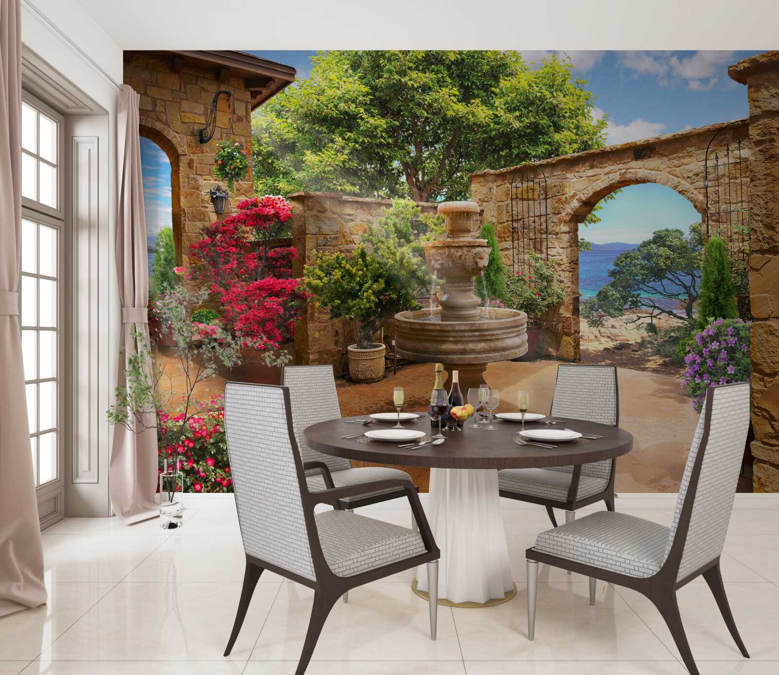 Fototapeta tichý a zelený dvor s fontánami a kvetinovými záhonmi