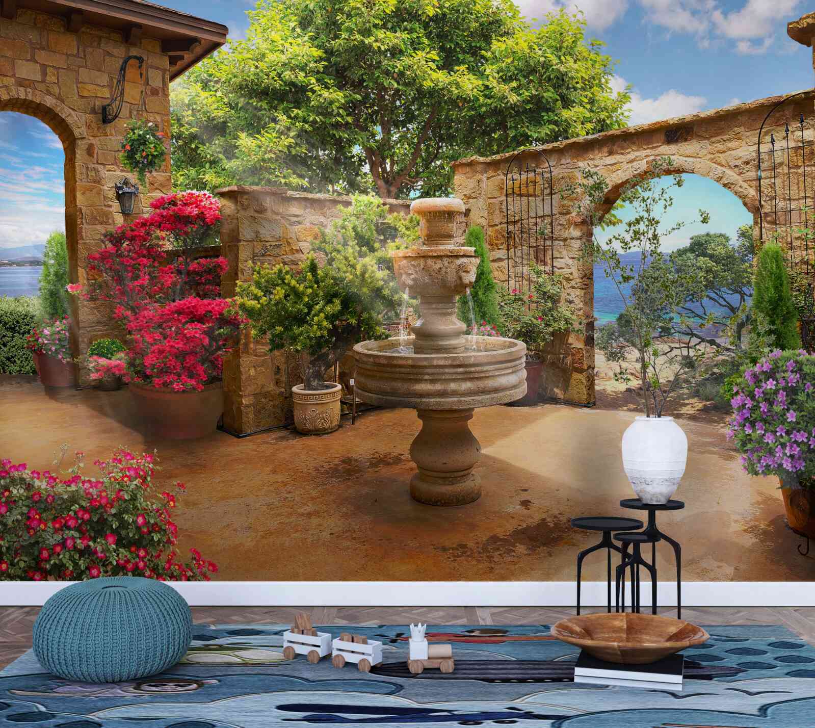 Fototapeta tichý a zelený dvor s fontánami a kvetinovými záhonmi