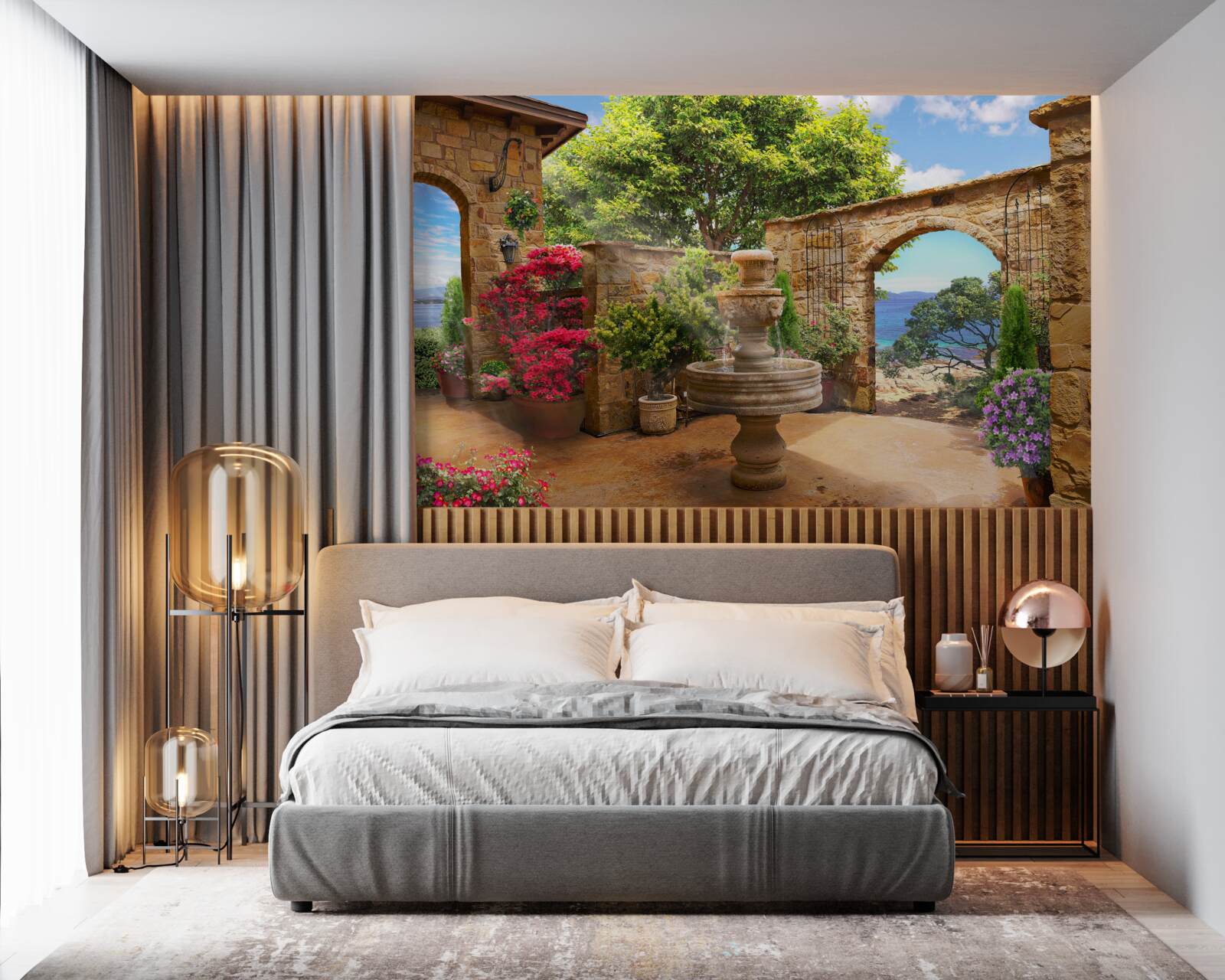 Fototapeta tichý a zelený dvor s fontánami a kvetinovými záhonmi