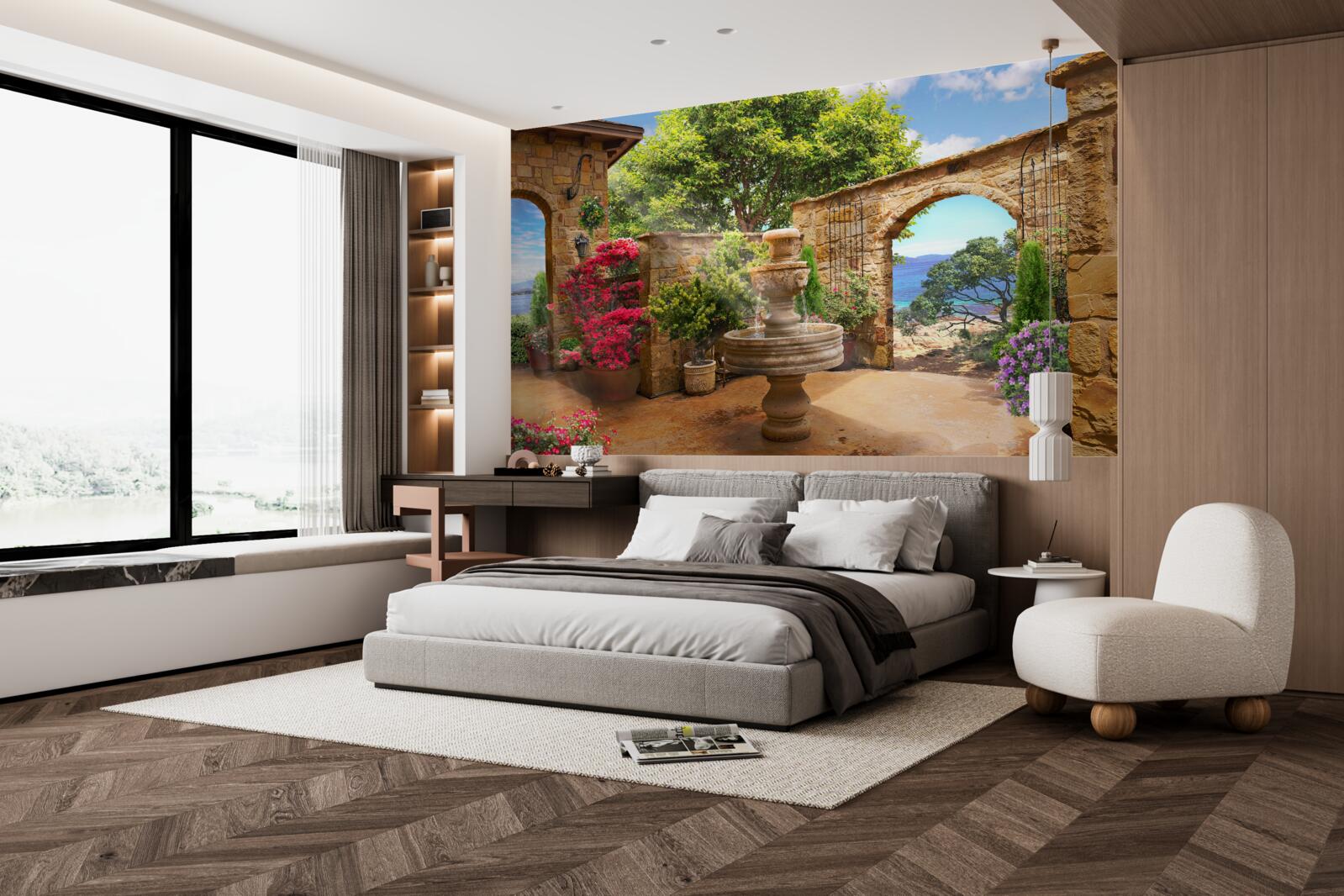 Fototapeta tichý a zelený dvor s fontánami a kvetinovými záhonmi