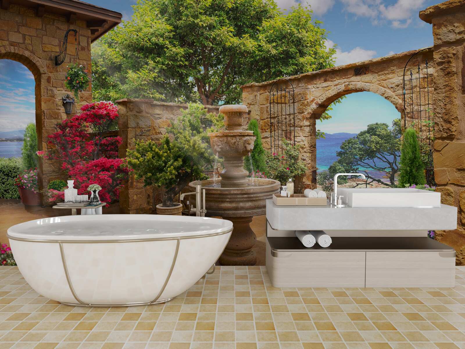 Fototapeta tichý a zelený dvor s fontánami a kvetinovými záhonmi