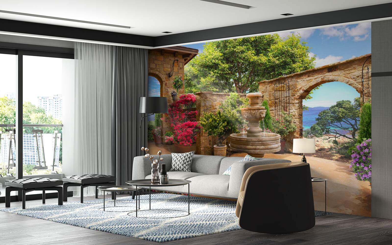 Fototapeta tichý a zelený dvor s fontánami a kvetinovými záhonmi