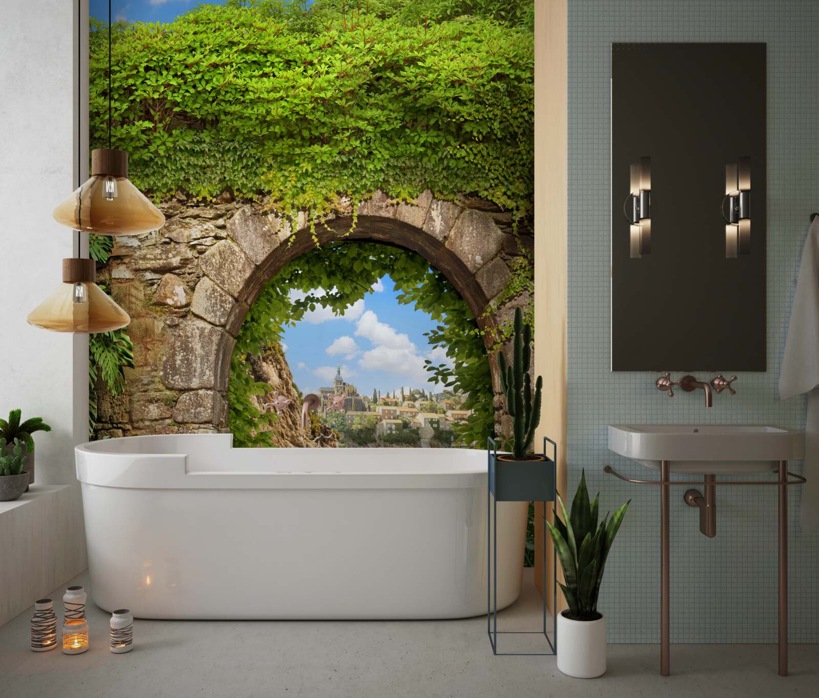 Fototapeta starý kamenný oblúk prepletený zelenou