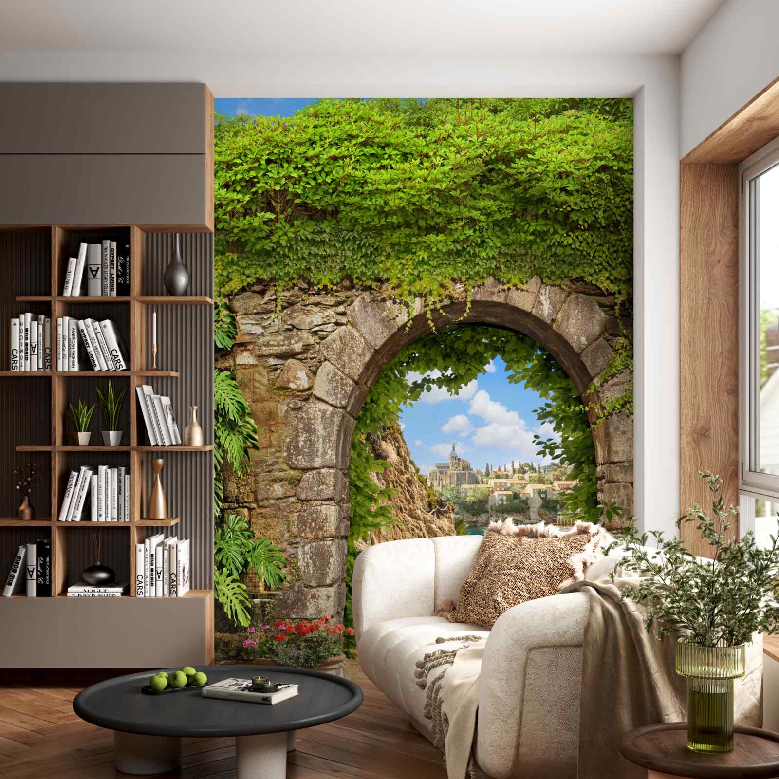 Fototapeta starý kamenný oblúk prepletený zelenou