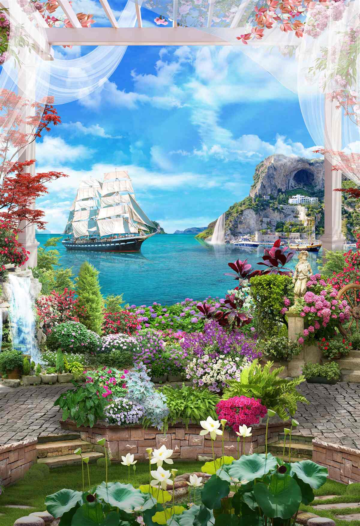 Fototapeta z balkóna vidieť plachetnicu ukotvenú v prístave