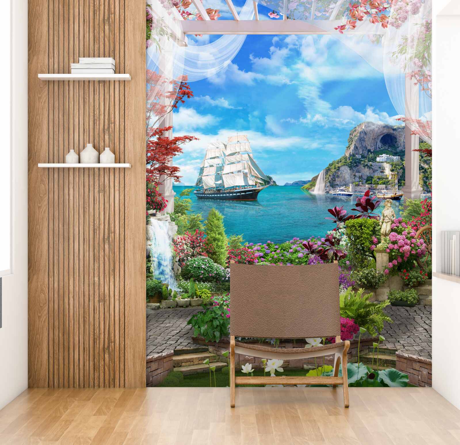 Fototapeta z balkóna vidieť plachetnicu ukotvenú v prístave