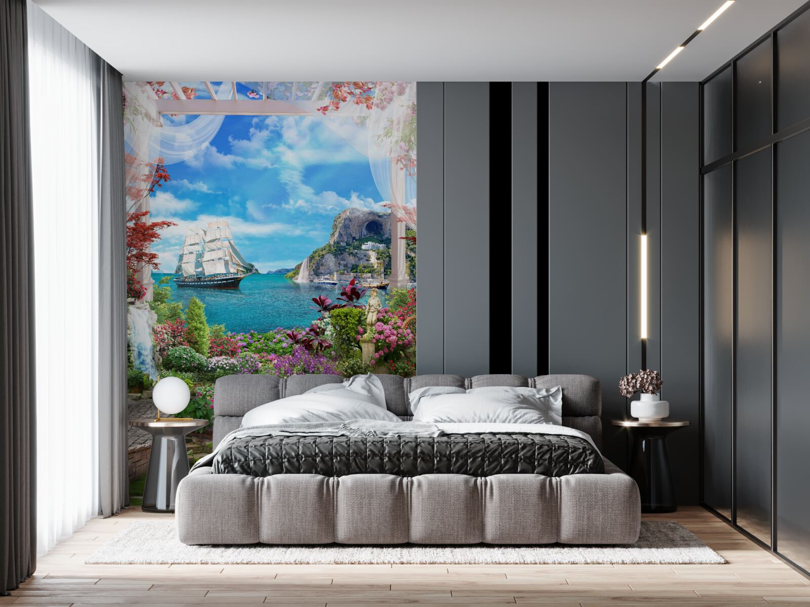 Fototapeta z balkóna vidieť plachetnicu ukotvenú v prístave