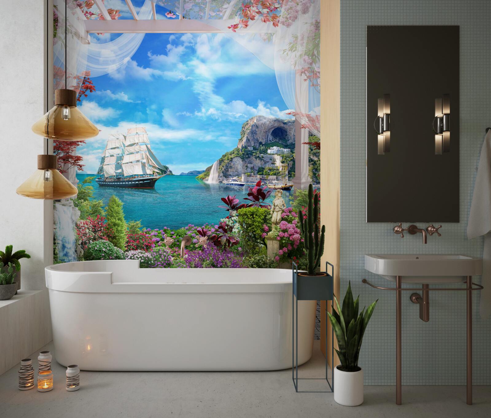 Fototapeta z balkóna vidieť plachetnicu ukotvenú v prístave