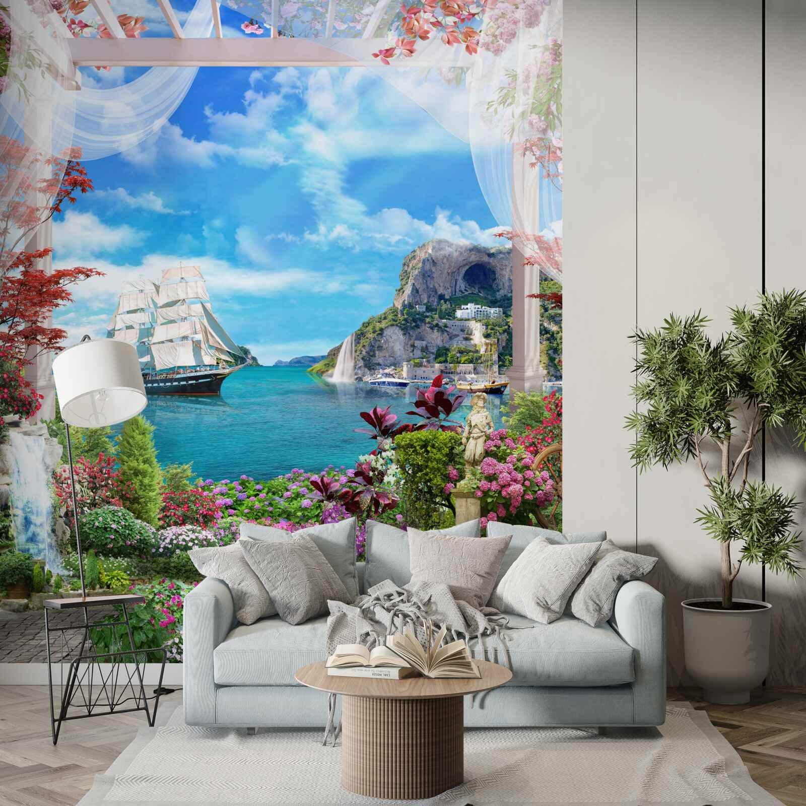 Fototapeta z balkóna vidieť plachetnicu ukotvenú v prístave