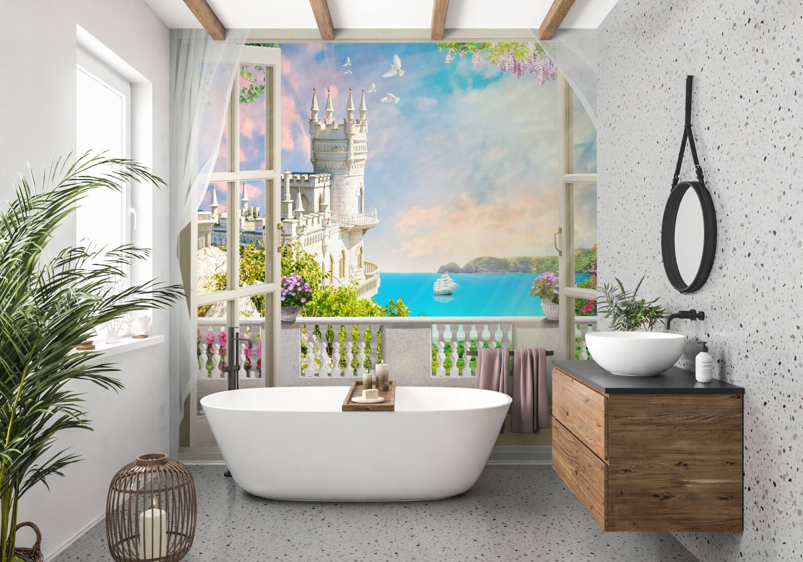 Fototapeta terasa pri zámku lastovičie hniezdo na nábreží