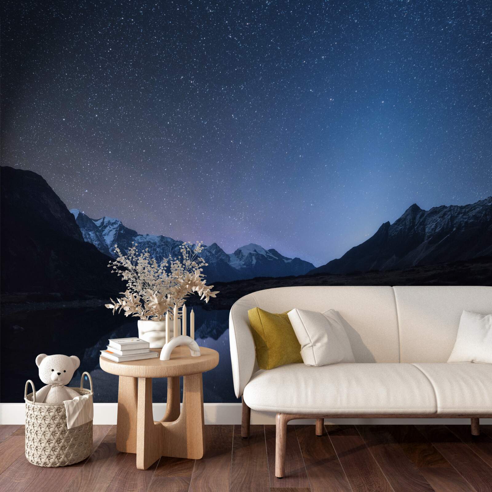 Fototapeta žiariaca nočná obloha plná hviezd v horách pri rybníku