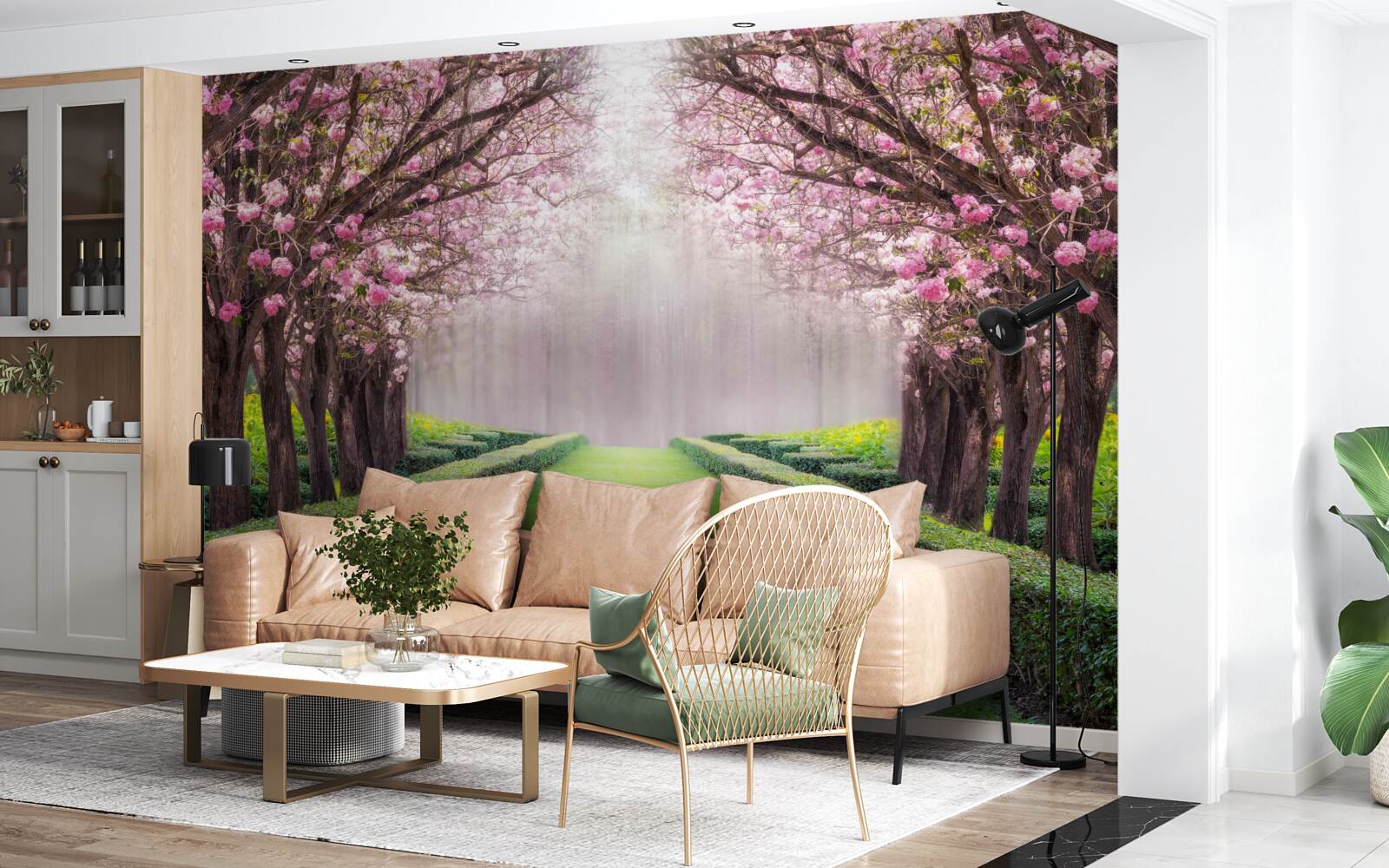 Fototapeta úhľadná ulica so zeleňou a rozkvitnutými čerešňami