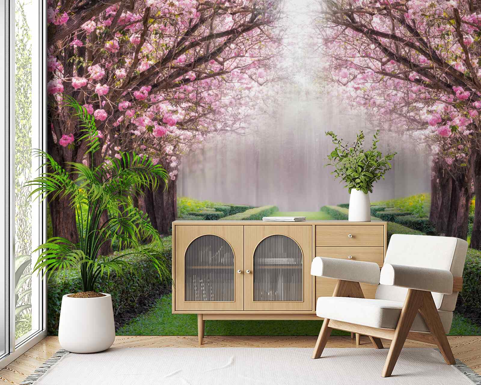 Fototapeta úhľadná ulica so zeleňou a rozkvitnutými čerešňami