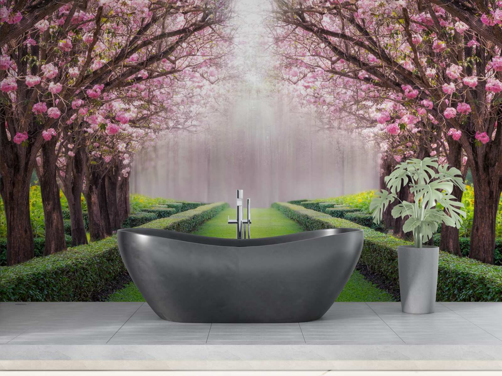 Fototapeta úhľadná ulica so zeleňou a rozkvitnutými čerešňami