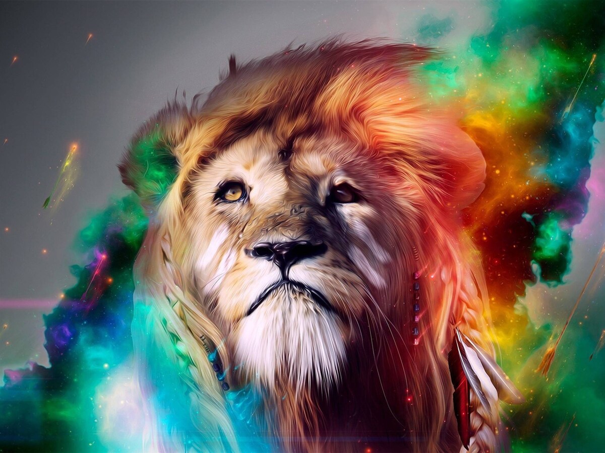 Fototapeta abstrakcia s levom v pestrých farbách a jeho veľkolepou hrivou