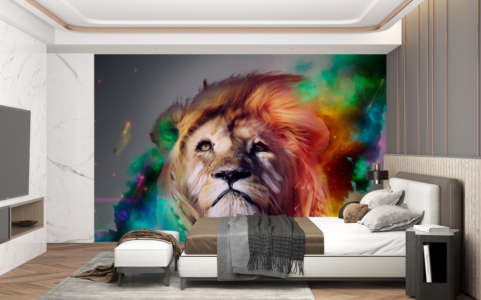 Fototapeta abstrakcia s levom v pestrých farbách a jeho veľkolepou hrivou