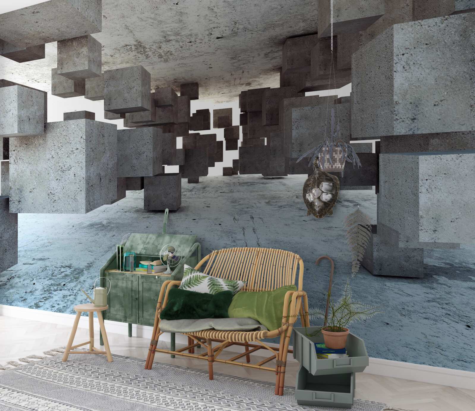 Fototapeta sivé kocky hladko levitujú v tuneloch a vzďaľujú sa do pekla