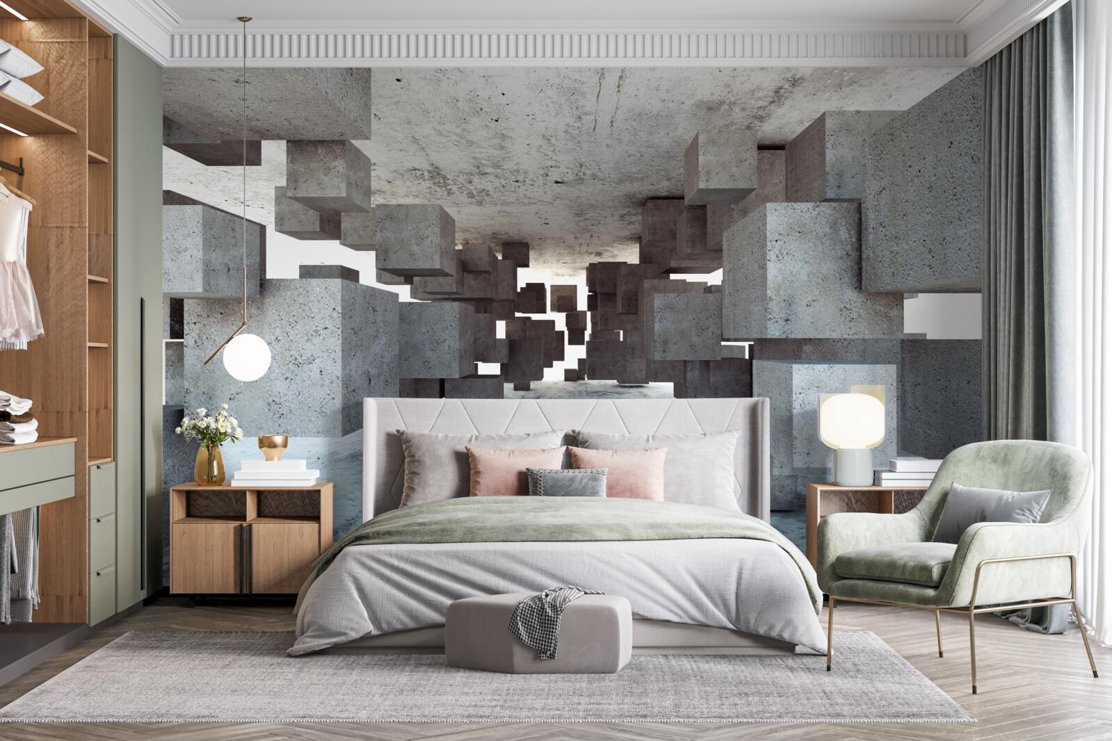 Fototapeta sivé kocky hladko levitujú v tuneloch a vzďaľujú sa do pekla